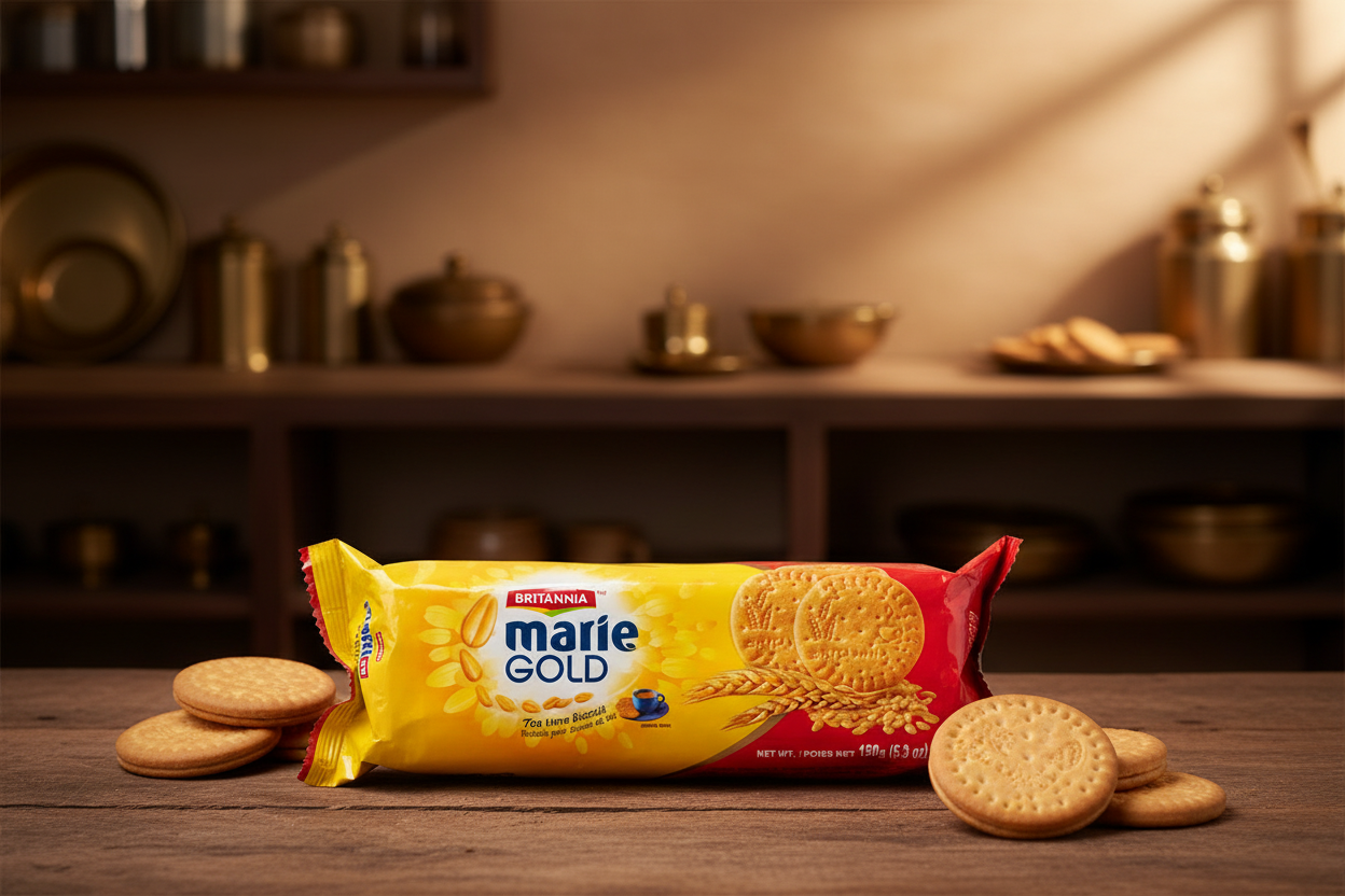 Marie Gold cookies packaging with cookies on a wooden surface