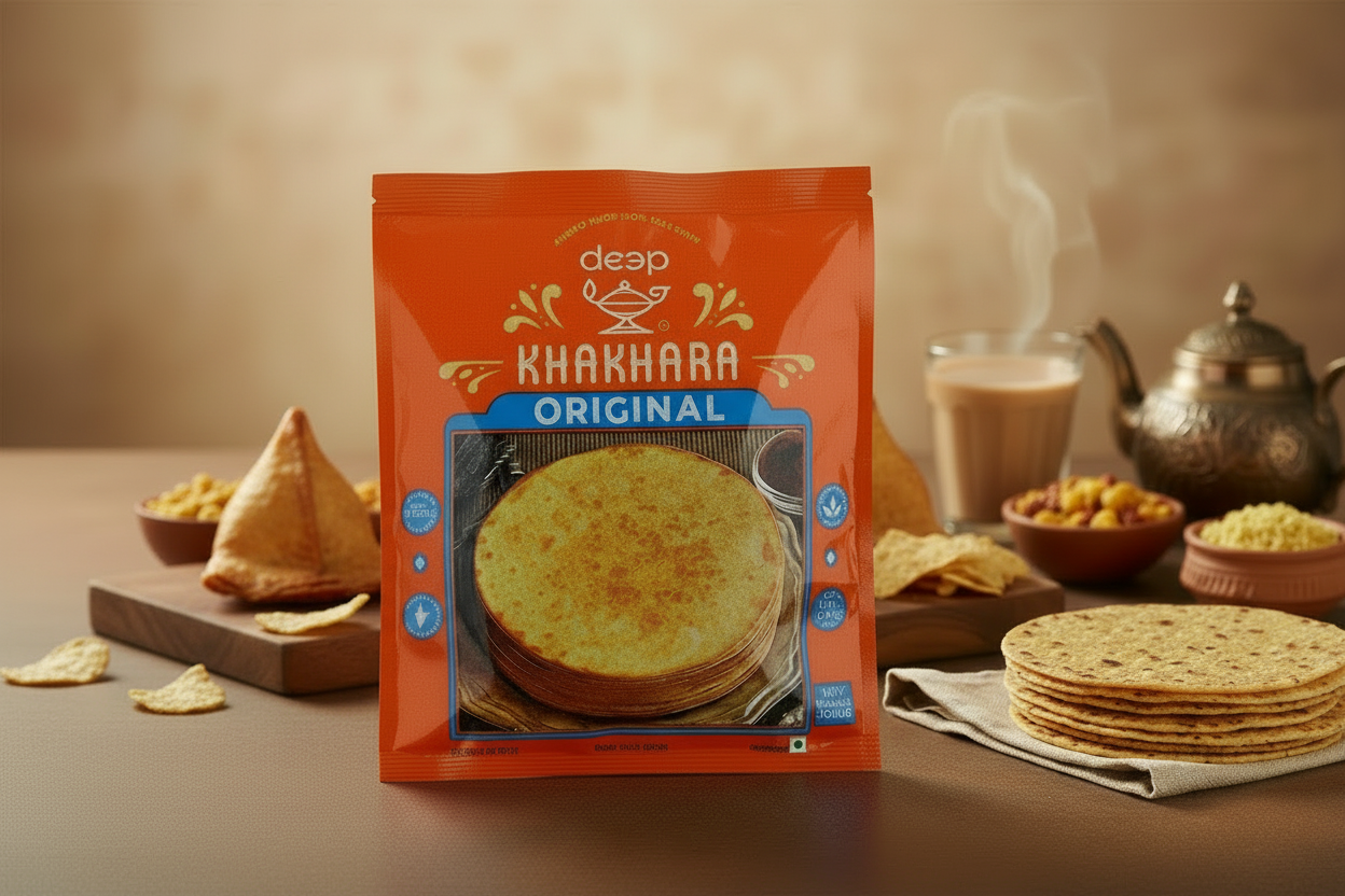 Khakhara packaging with tortillas and tea on a wooden table