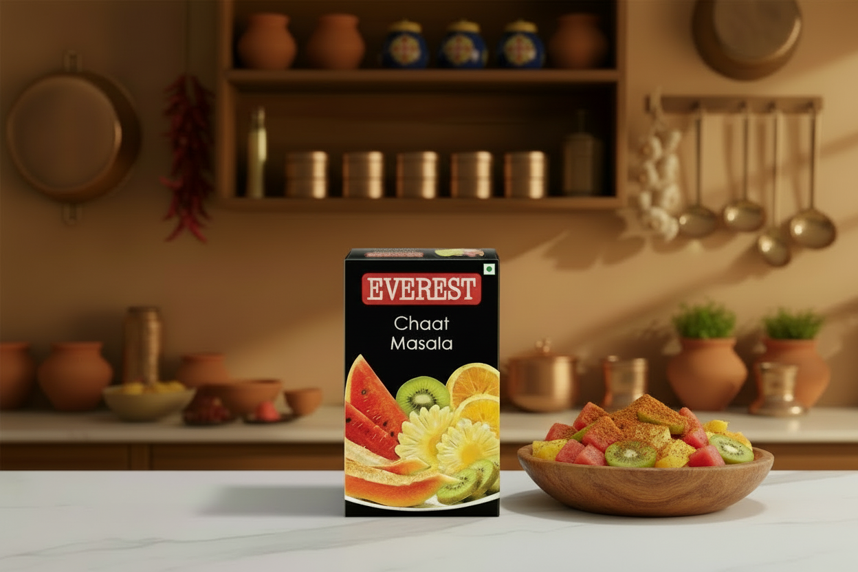 Everest Chaat Masala box on a kitchen counter with various kitchen items in the background