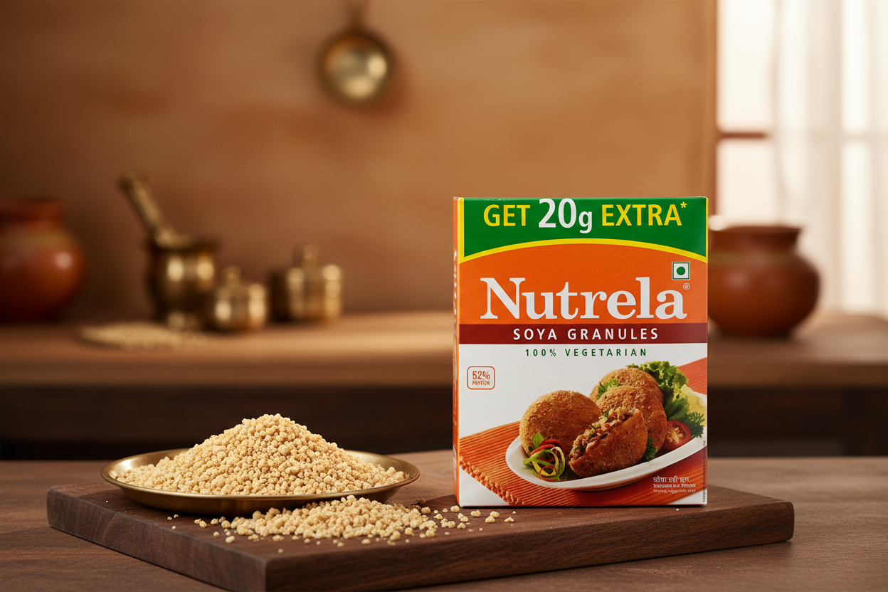 Nutrela Soya Granules packaging with an orange background and text.